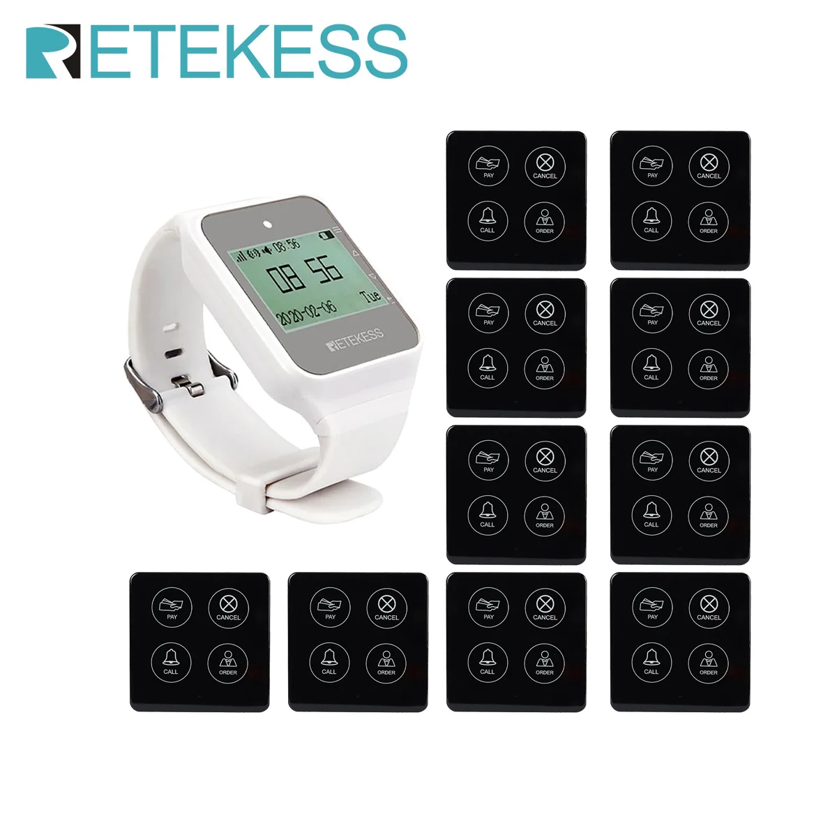 

RETEKESS Restaurant Wireless Waiter Calling System TD108 Watch Receiver 10 TD033 Call Buttons Pager For Hookah Cafe Bar Hotel