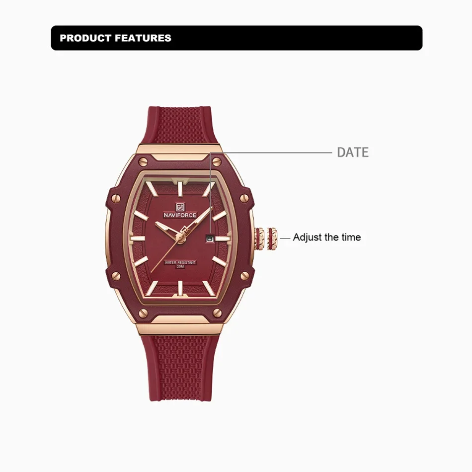 NAVIFORCE NF8069 المرأة كوارتز أنيقة التقويم عرض سيليكون حزام مضيئة مؤشر 3ATM مقاوم للماء ساعة السيدات