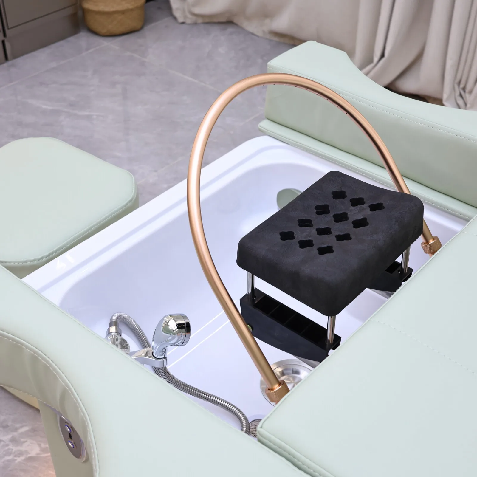 Elektrisches Shampoo-Liegebett in Erdtönen mit Massagefunktion – All-in-One-Salonstation mit Begasung, Fußbad und Haarwaschbecken – Detail 28