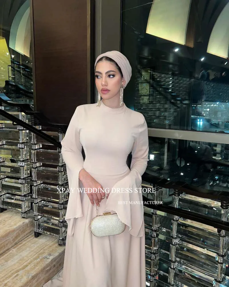 XPAY Simple Blush Pink A Line Muslim Arabic Evening Dresses Modest O-Neck Flare Long Sleeves Formal Prom owns Party Dress