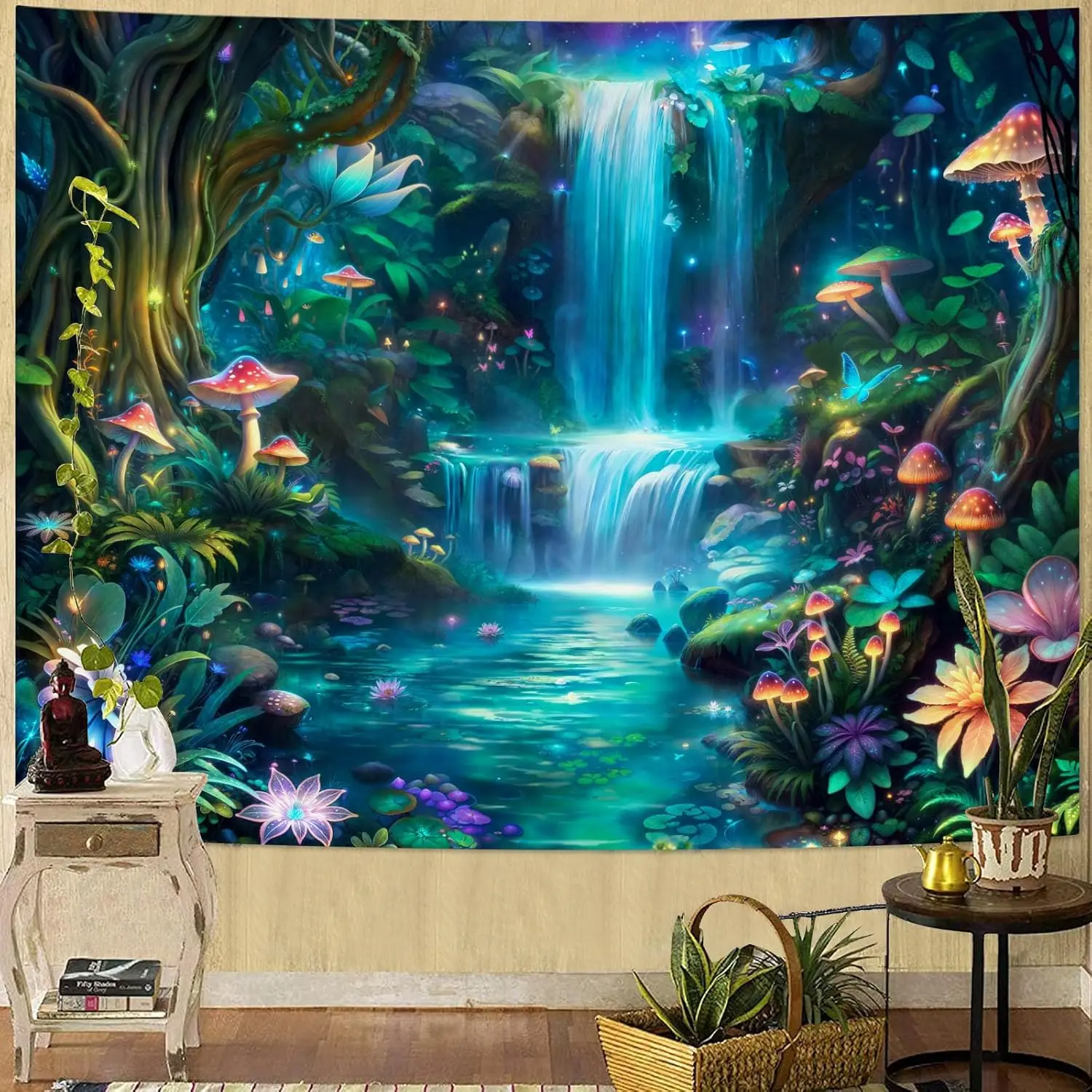 Large Boho Tapestry Wall Hanging Enchanted Forest Waterfall Tropical Jungle Nature Decor Fantasy Bohemian Home Decoration Art