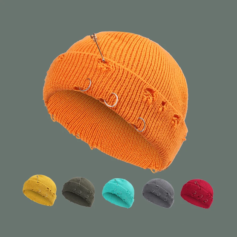 Unisex Knit Beanie Hats With Iron Rings & Safety Pin, Hip Hop Street Style Caps, Casual Outdoor Skull Cap