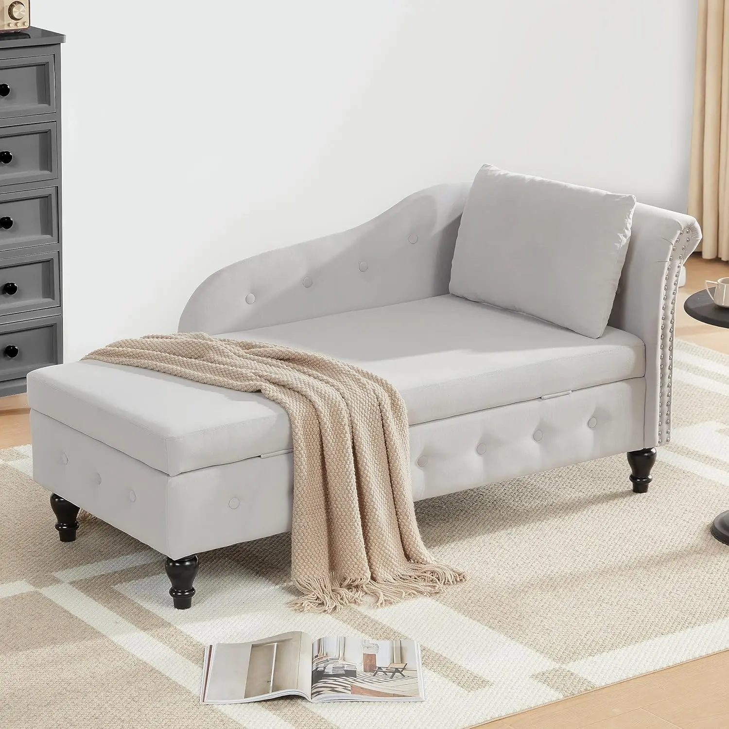 Chaise Lounge Indoor with Storage, Modern Nailhead-Trimmed Tufted Lounge Chair, Upholstered Chaise Lounges Couch, Customized