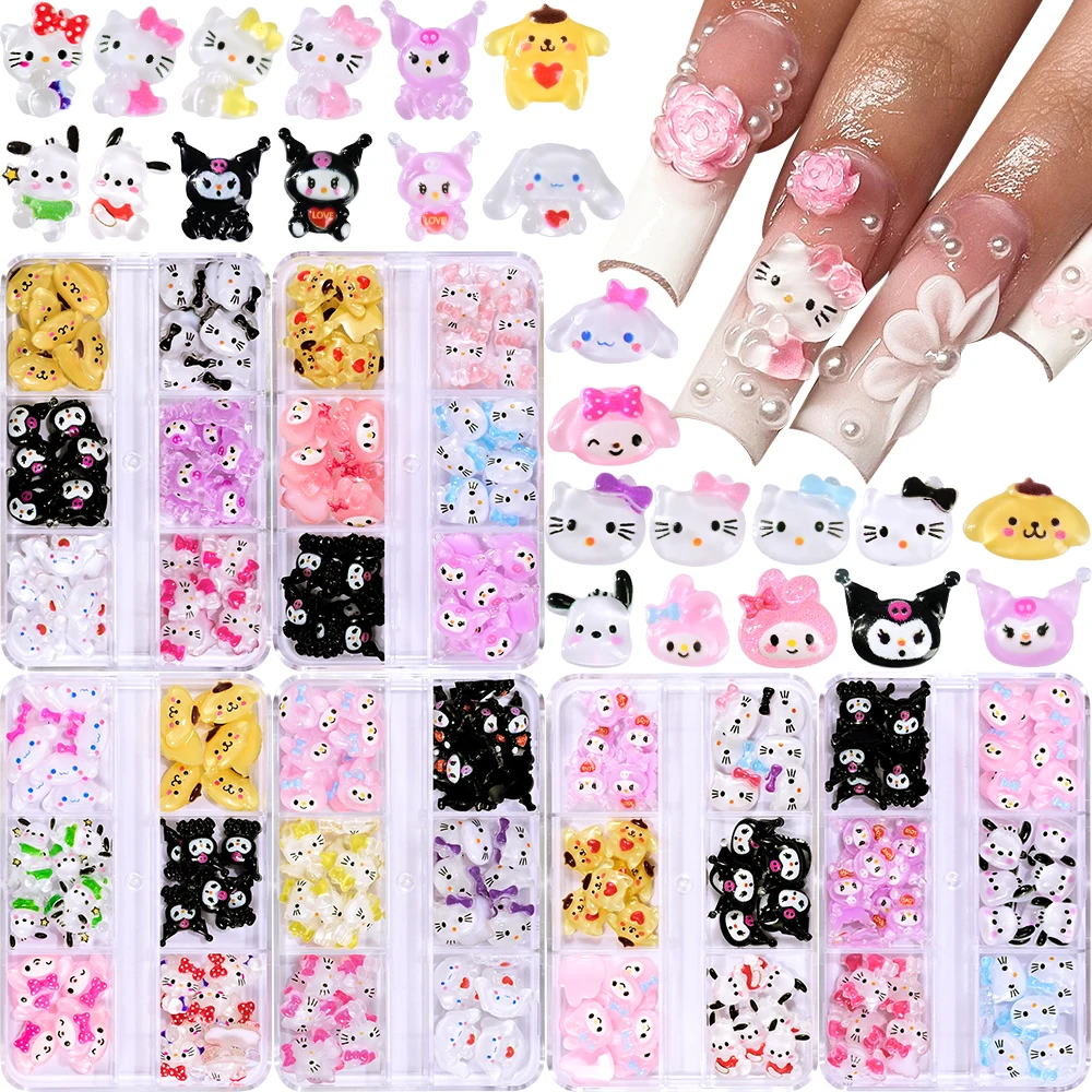 48Pcs 3D Cute Sanrio Family Series Nail Jewelry Cartoon Hello Kitty Kuromi My Melody Nail Charms Rhinestone Gems Accessories 6*8