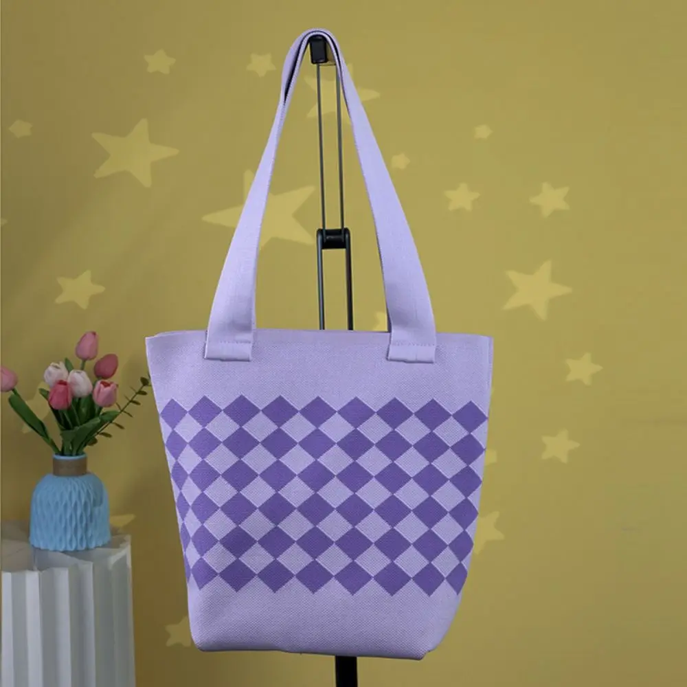 Rhombus Gestrickte Gestrickte Umhängetasche Plaid Bequemer Griff Häkeln Einkaufstasche Große Kapazität Tragbare Damen Handtasche Reise