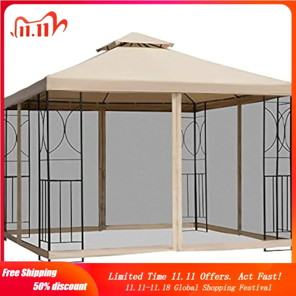 10' x 10' Patio Gazebo with Corner Shelves, Outdoor Gazebo Canopy Shelter with Netting, and Vented Roof, for Garden, Lawn