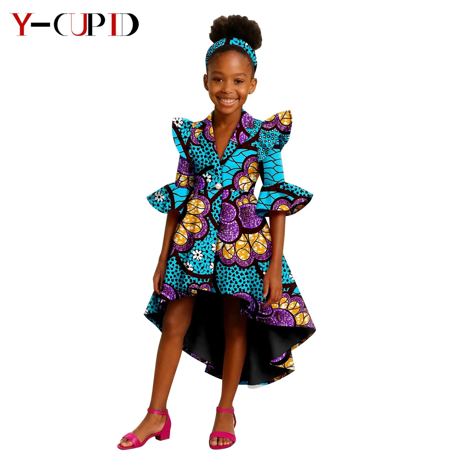 African Print Dress for Kids Girls Dashiki Petal Sleeve Pearl Button Dresses with Headwrap African Children Clothing 2544001