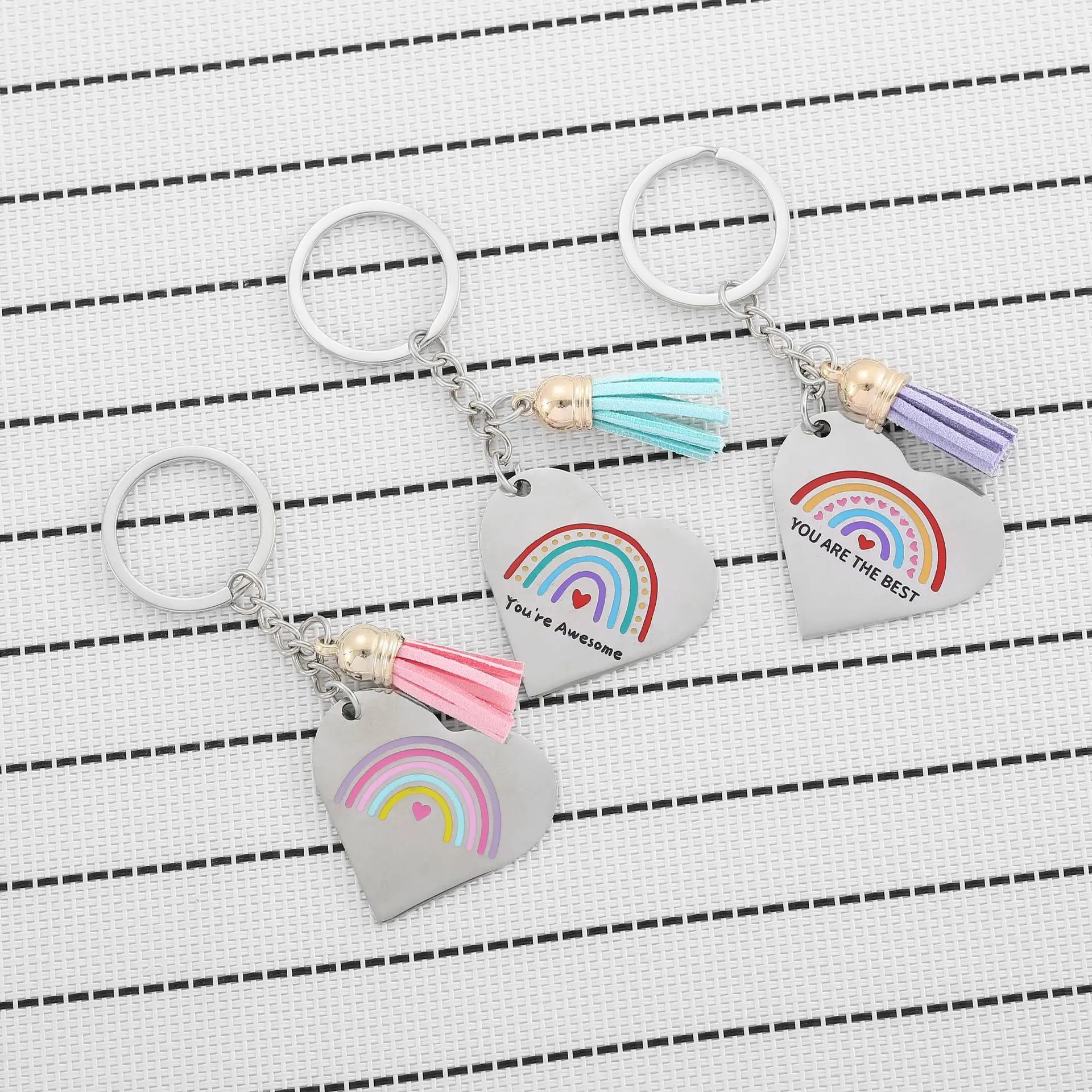 سلسلة مفاتيح من الفولاذ المقاوم للصدأ بألوان قوس قزح، قلادة جلدية مهدب، قلادة DIY، هدية لصديقتك، سلسلة مفاتيح نسائية. #3