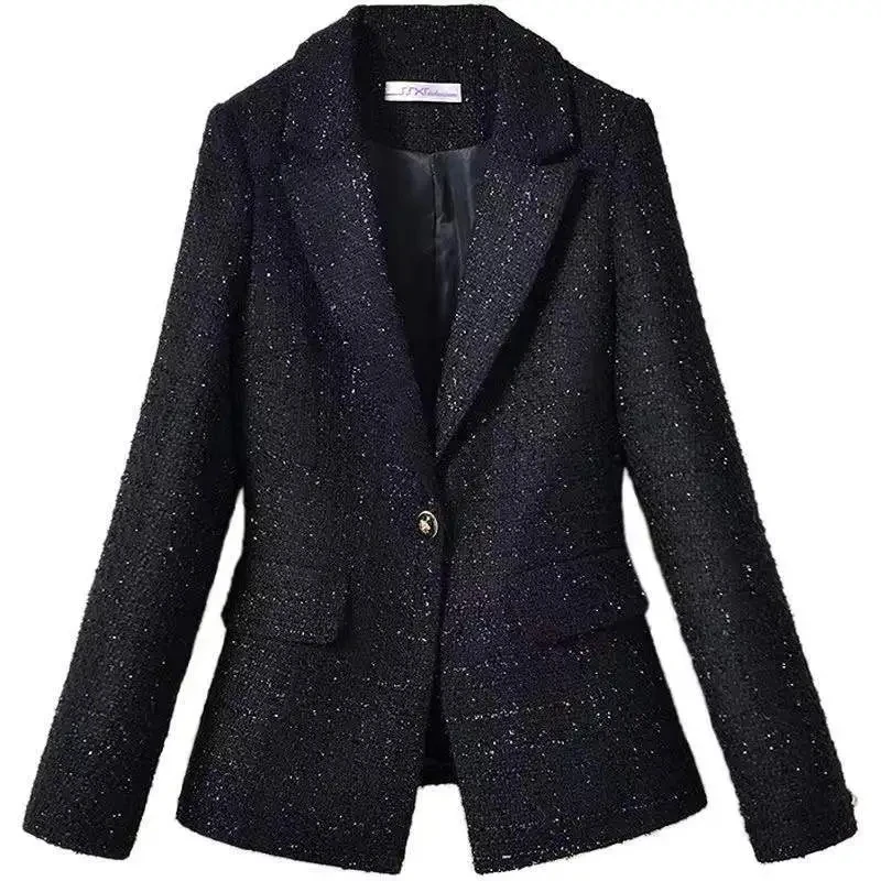 Black Suit Jacket Female 2023 New Blazer Autumn And Winter Clothes Joker Thickened Ladies Short Temperament Tweed Women Coat