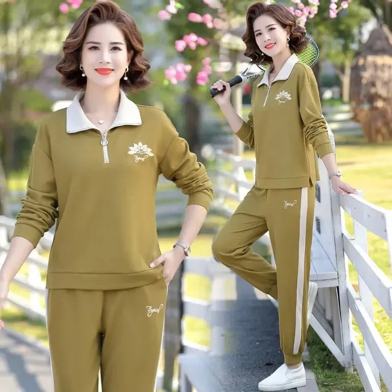 Women Middle Aged Sports Two Piece Set Spring Autumn Lapel Half Zip Loose Casual Tracksuit