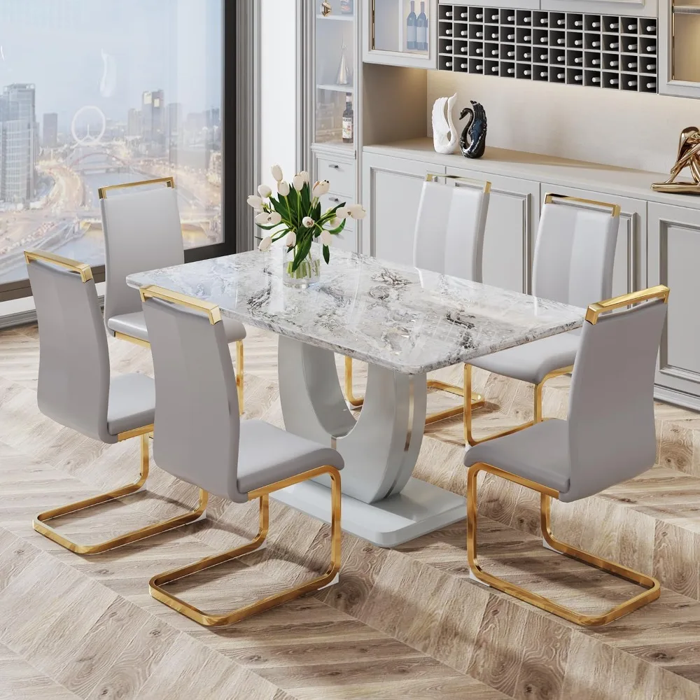 

Dining Table Sets,With Faux Marble Tabletop,6 Pu Leather Upholstered Chairs forDining Room,Kitchen,Living Room Dinings Table Set