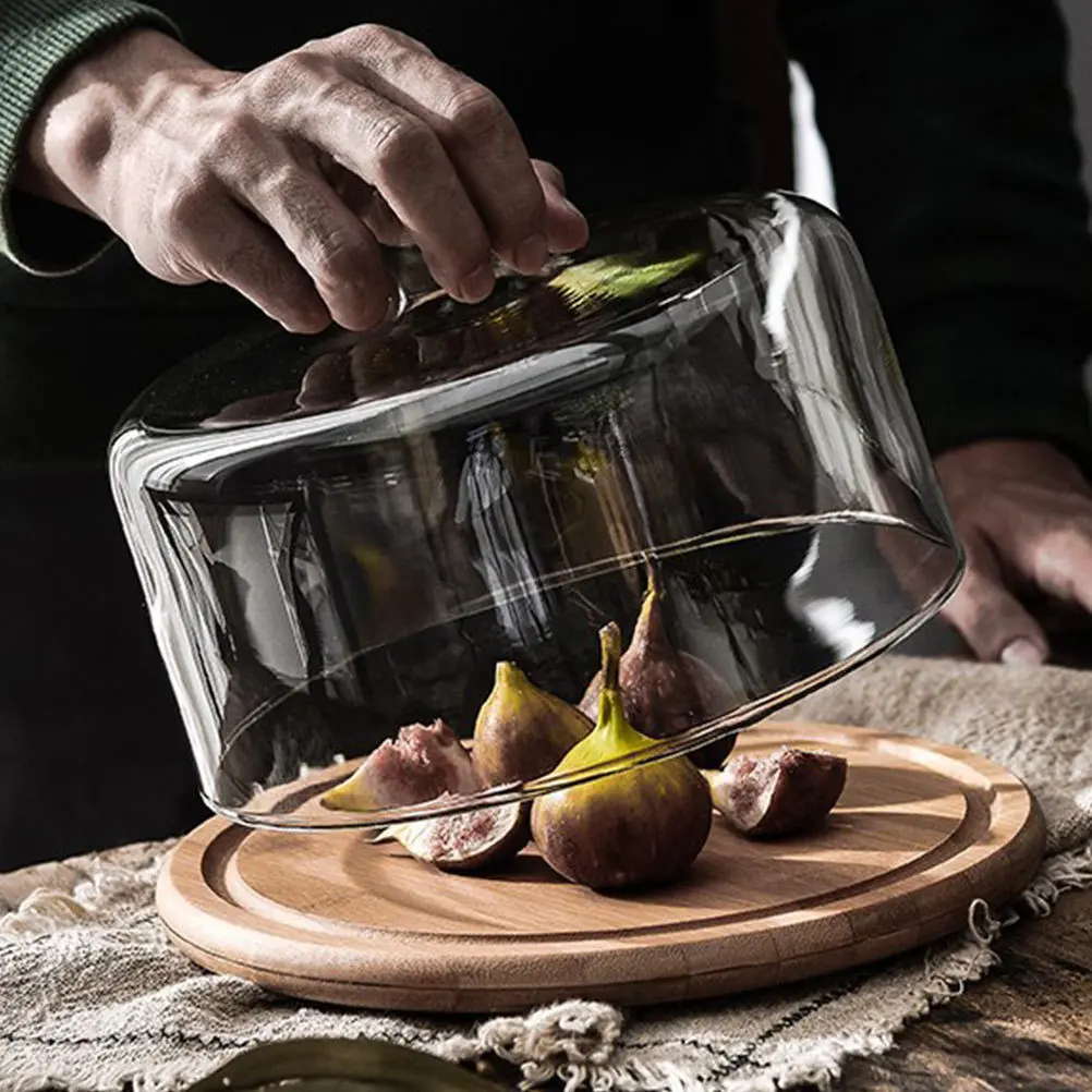 

1Set Cake Cover with Wooden Tray Transparent Glass Dome for Food Storage Fresh Keeping Dustproof Protection Ideal for Party