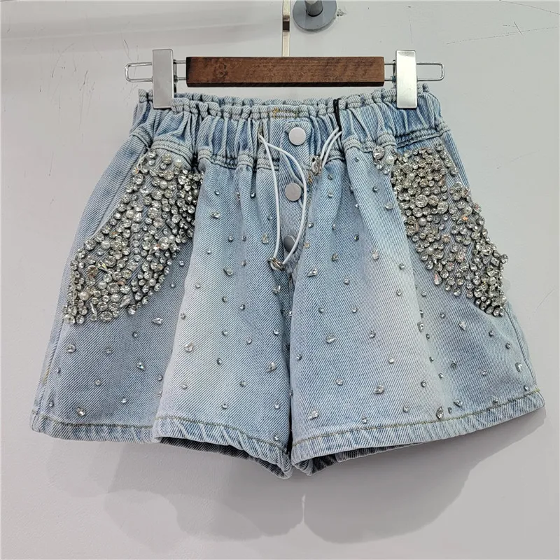 

2024 Summer New Heavy Industry Full Diamond High Waist Show Slim Wide Leg Denim Shorts Women Blue Pants