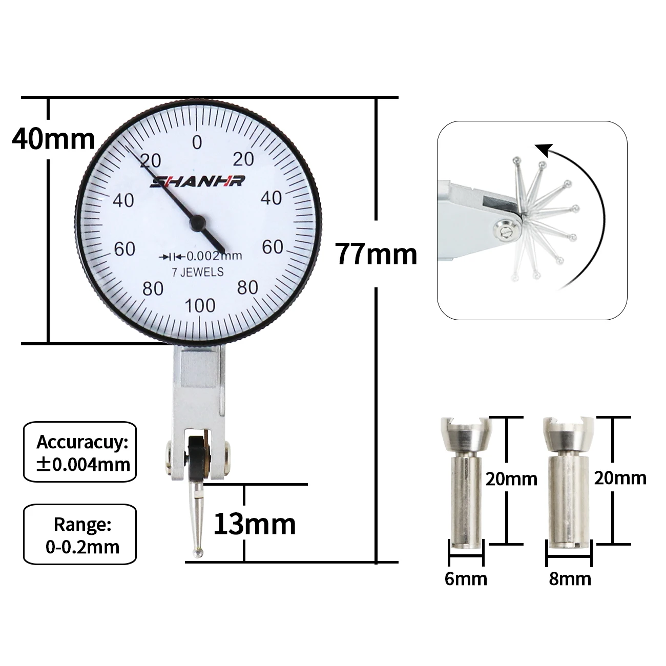 SHANHR Tools 0-0.2 mm 0.002 mm Dial Test Indicator Dial Gauge Indicator Tool Measurement Instruments