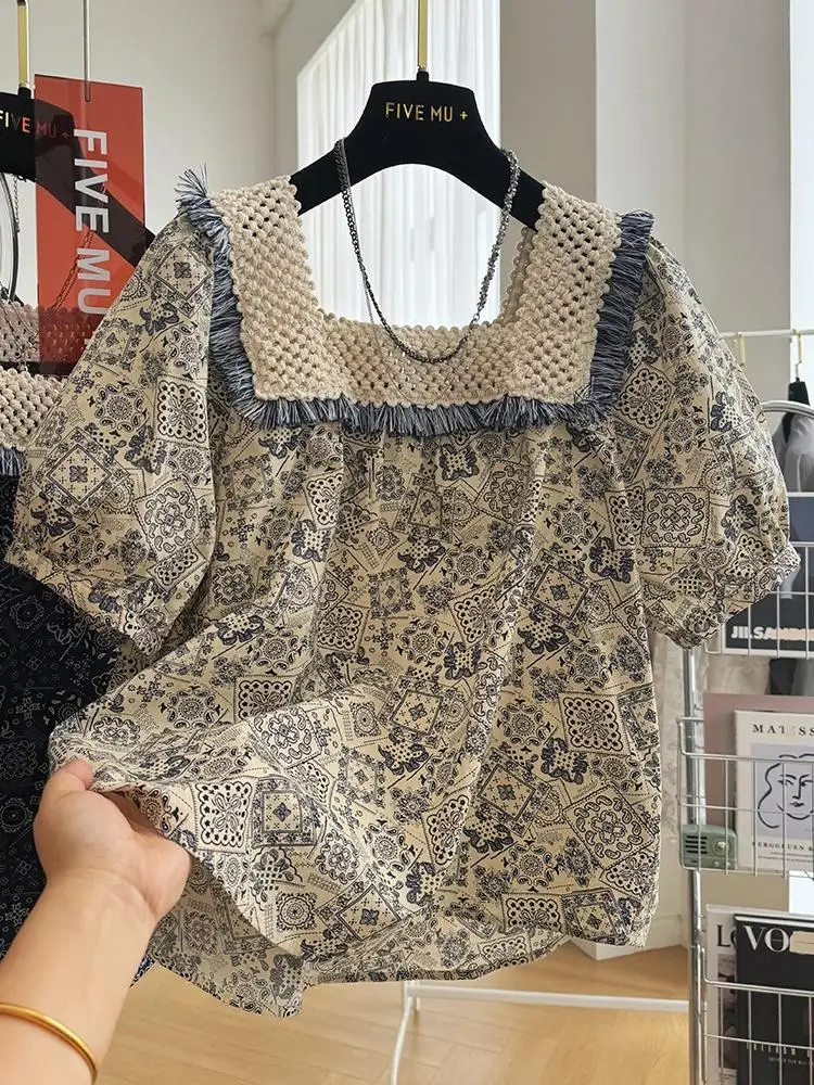 Retro Hollow-out Lace Patchwork Square Collar Short Sleeve Blouse Women's Floral Print Baby Doll Top