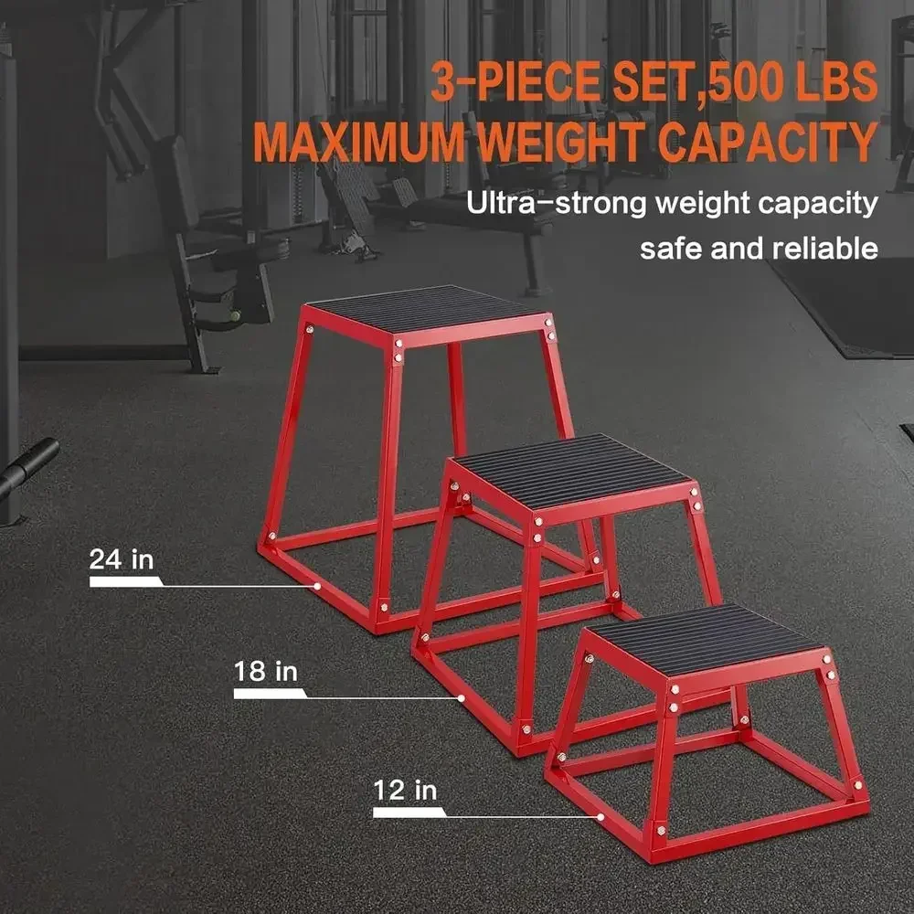Set of 3 Plyometric Jump Boxes: 12, 18, 24 Inch Exercise Platforms for Home Gym Strength and Agility Training