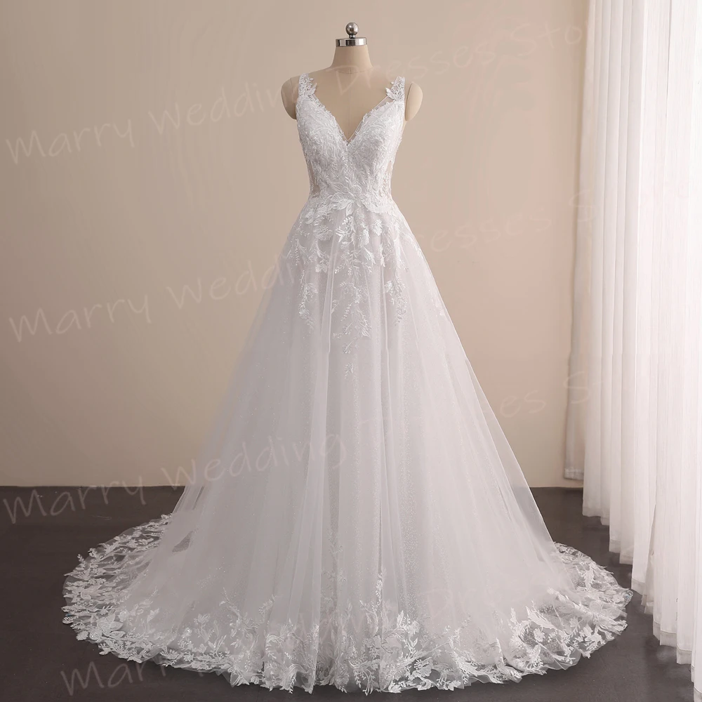 Vestidos de casamento linha A femininos, sem mangas, sem costas, elegante, decote V, renda, apliques, vestidos de noiva, clássicos, modernos