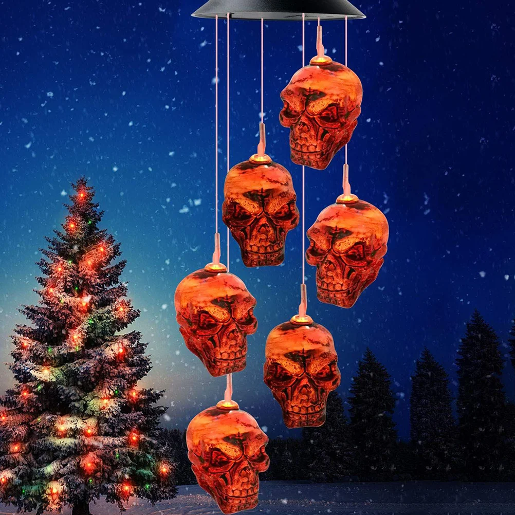 1 قطعة شكل الجمجمة الشمسية الرياح جرس مصباح هالوين معلقة ضوء مشرق في الهواء الطلق حديقة قلادة ديكور الرياح جرس مصباح