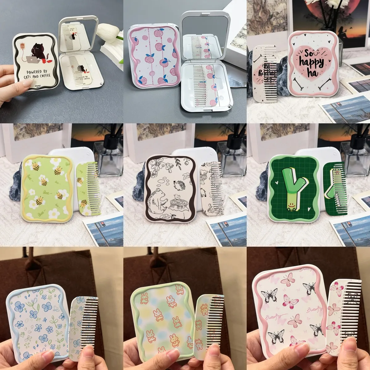 1PC Cartoon Cat Pattern Flip-Top Folding Makeup Mirror Portable Pocket Mirror Rectangle Cosmetic Mirror With Comb For Women Girl