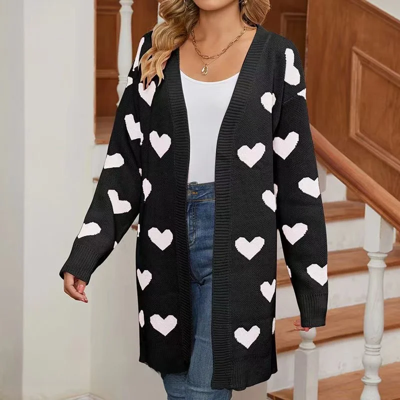 

Вязаный кардиган с вырезом в форме сердца, свободный крой, V-образный вырез, длинный рукав, средней длины, повседневный, женский, осенняя мода