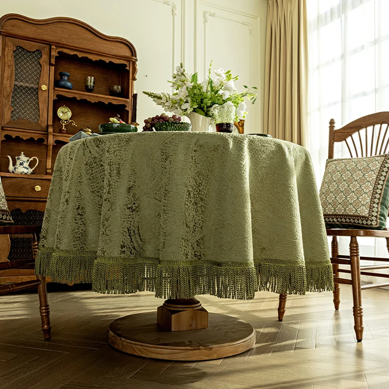 Round Tablecloth Retro Green Jacquard Table Cloth Home Decoration Dining Room Tassel Table Cover Dinner Party Coffee Tablecover