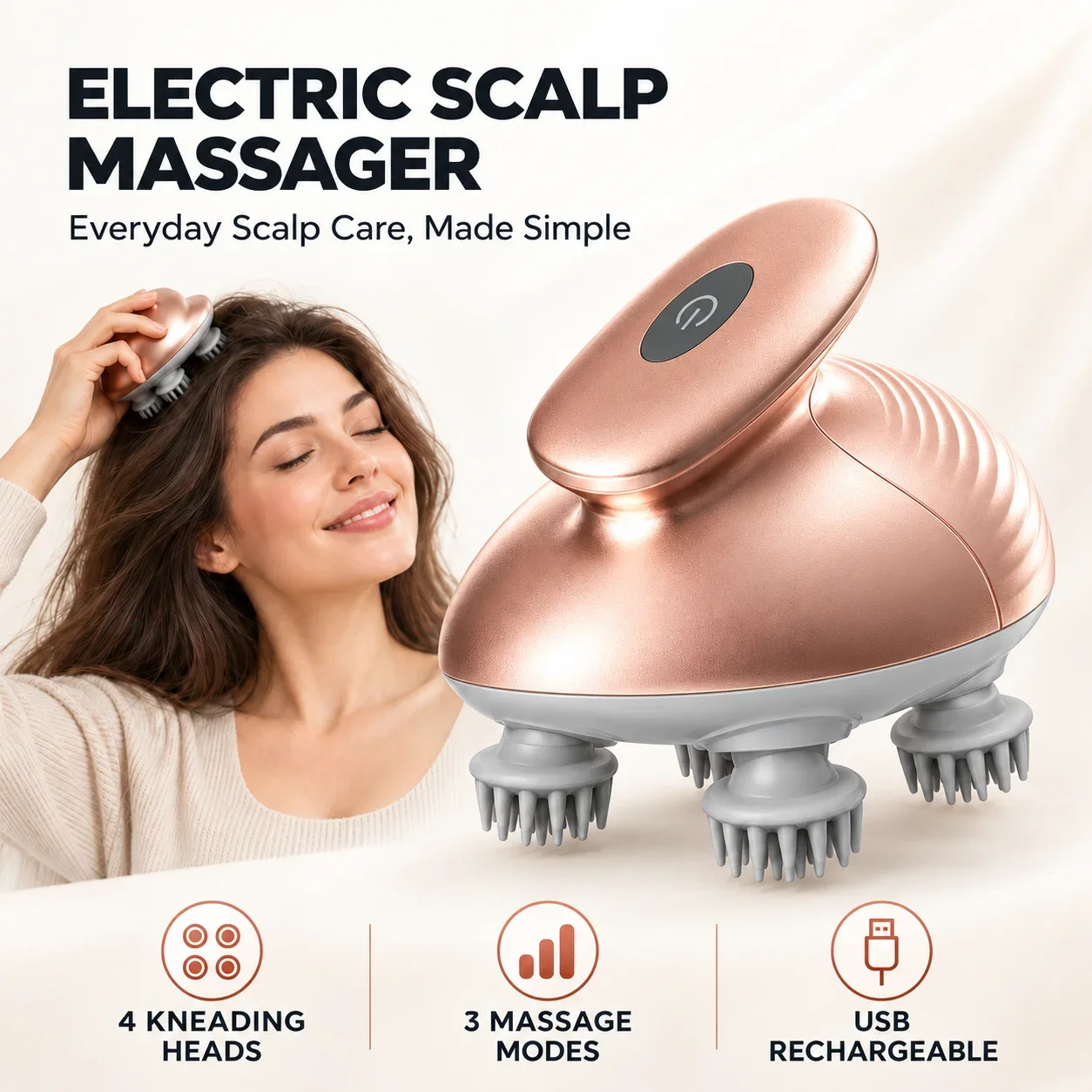 Electric Scalp Massager 4 Kneading Heads 3 Modes USB Rechargeable Cordless Head Massager with Red Light for Men Women