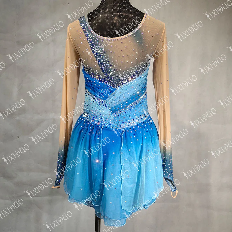 YIXIDUO Ice Figure Skating Dress with Glitter Rhinestones Long Sleeve Spandex Blue Professional Women\'s Girls\' Skating Costume