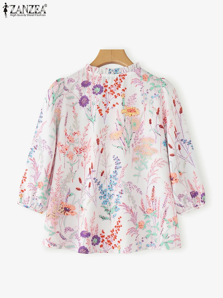 ZANZEA Vintage Tops Women Shirts Floral Print Bohemian Holiday Blouse 2025 Summer 3/4 Puff Sleeve Fashion Casual Ruffled Tunic