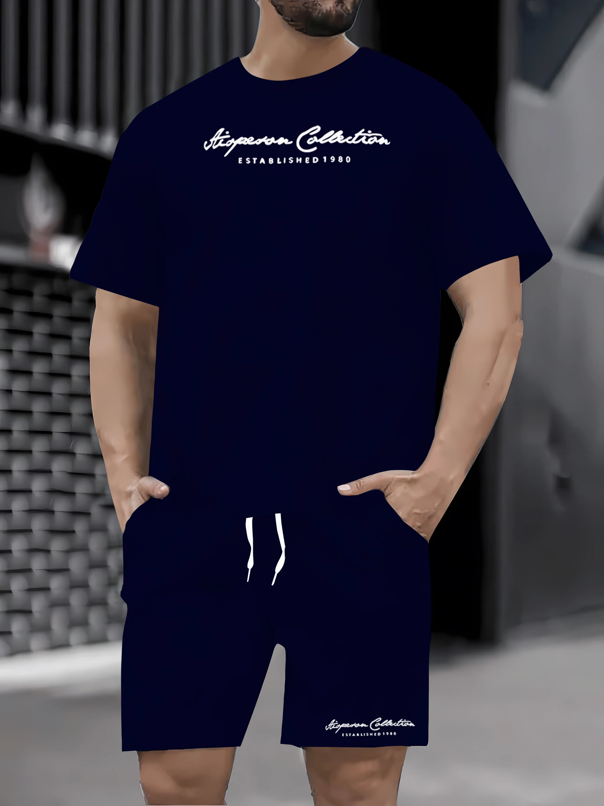 

2025 Summer Pattern Printed Men's Two piece Fashion Casual Clothing Set, featuring a round neck short sleeved T-shirt and drawst