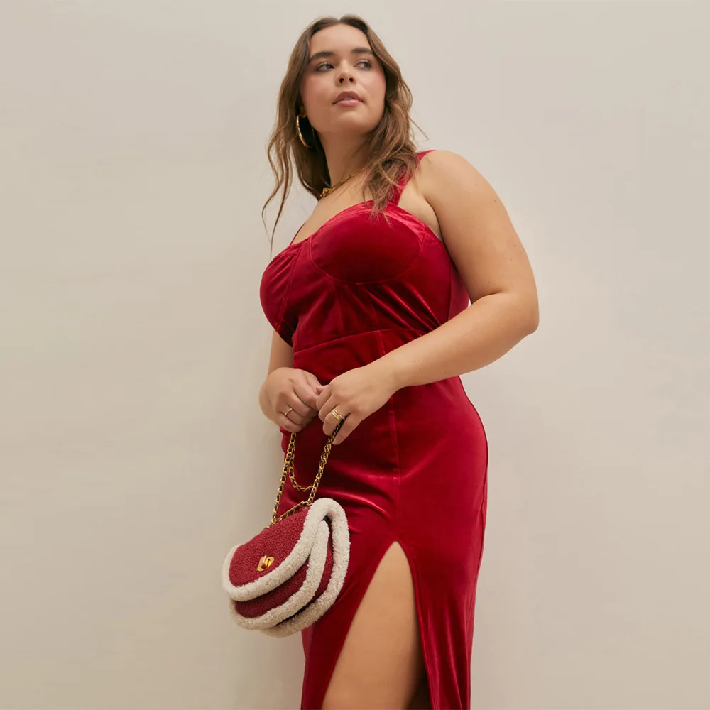 Plus Size Sexy Women Dress 2023 Fall Split Temperament Pure Color Velvet Halter Dress Fashion Elegant Lady Party Evening Dresses