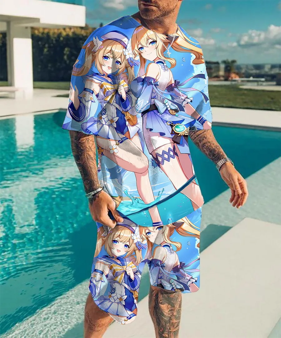 

Anime Genshin Impact Cute Cosplay Men Jersey Summer 3d printing Short Sleeve Tee Tops Quick-Dry Fashion 2 Piece Cosplay Set