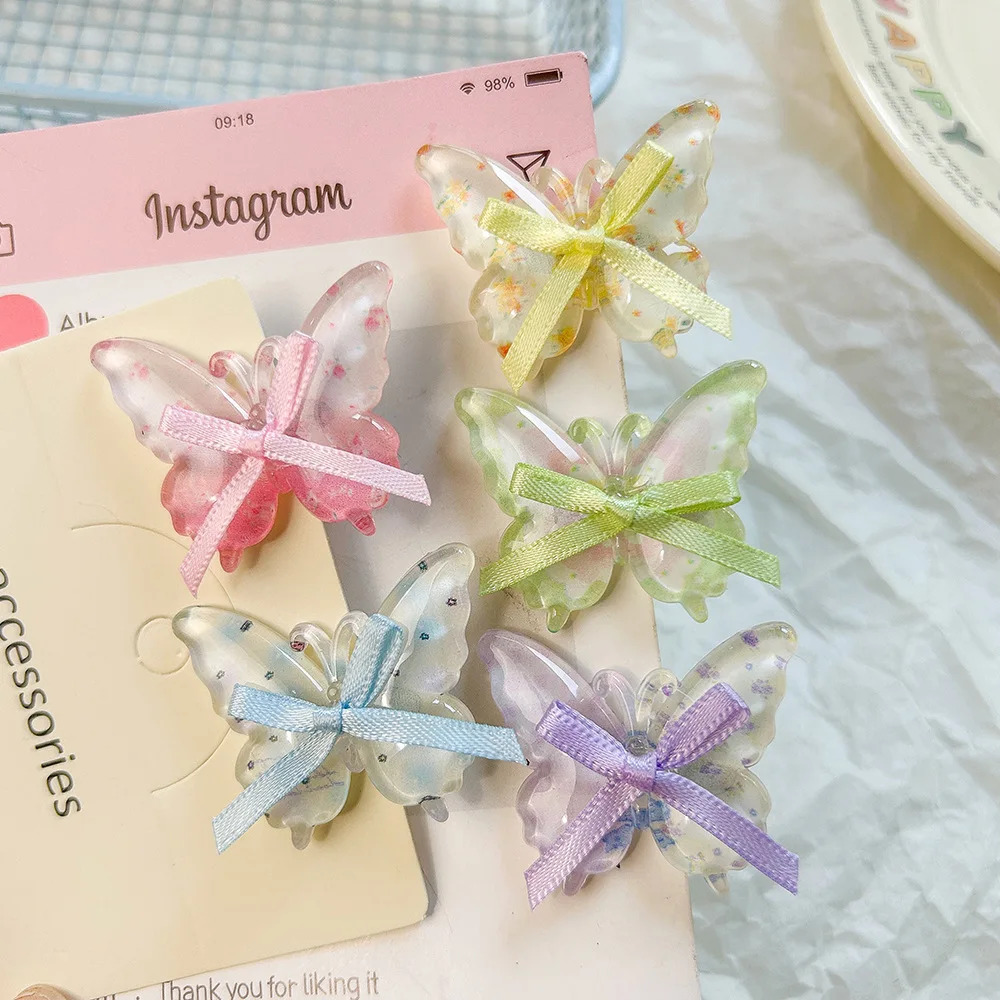 

5Pcs Delicate Butterfly Print Hair Clip Summer Fresh Braiding Duckbill Clamp Women's Style Transparent Accessories