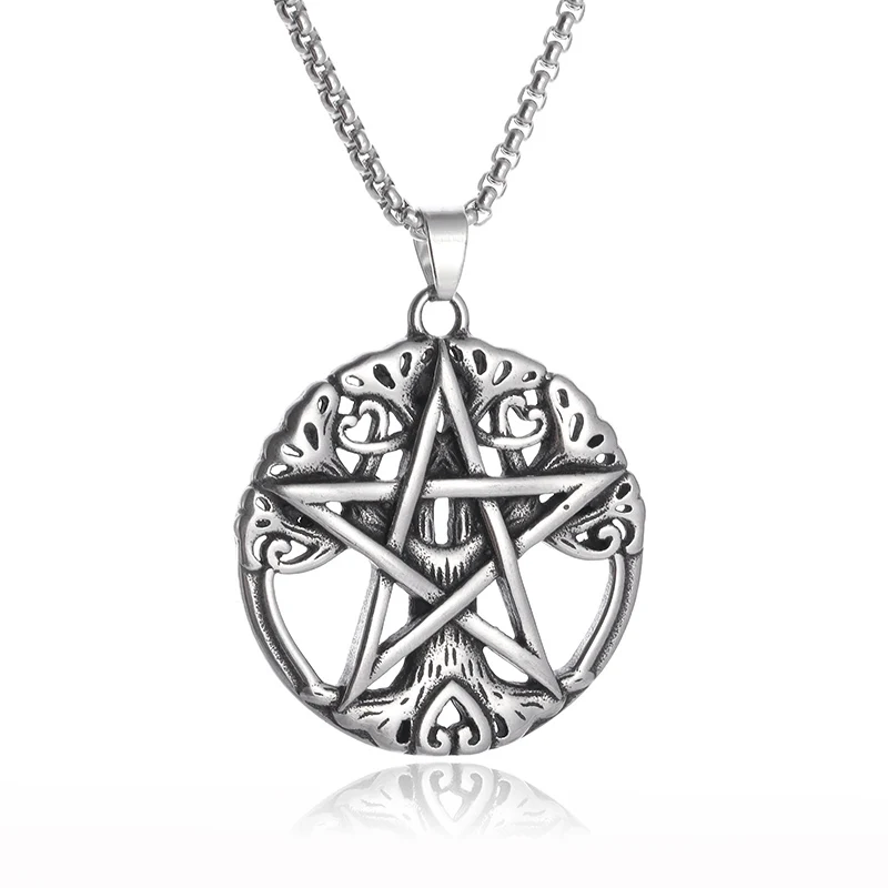 Wiccan Necklace Pagan Pendant Men Women Stainless Steel Silver Plated Pentagram Nordic Raven Mystic Necklace