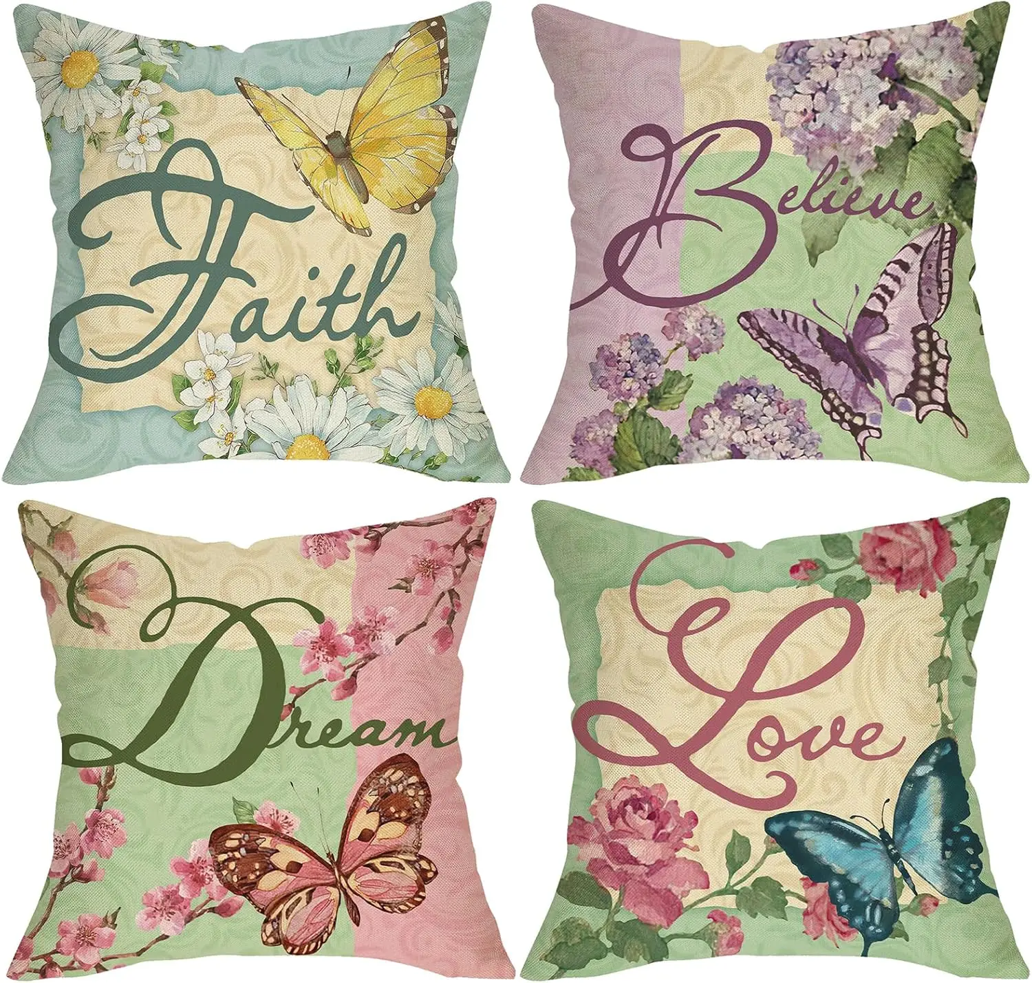 

4Pcs Spring Throw Pillow Covers with Pastel Butterfly and Flower Art Cushion Cases for Balcony Patio Garden Home Decor