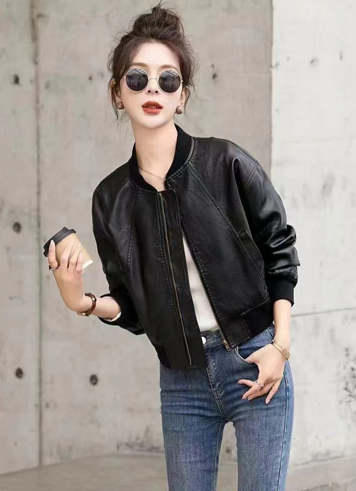 Hot Short Bomber Jacket for Women Spring Autumn Brown PU Leather Baseball Aviator Coat Woman Harajuku Pretty Luxury High Quality