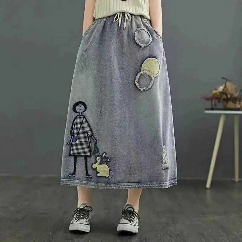 Korean Lady Fashion Large Size 4XL Long Skirts Autumn Female High Waist Pocket A-line Skirt Spring Women Embroidered Denim Skirt - view 6