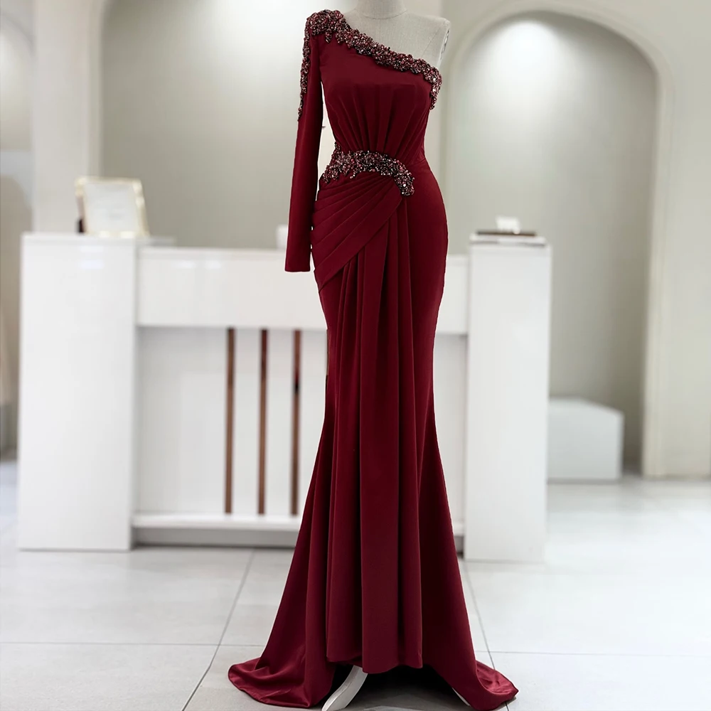 

Customized Mermaid Evening Dresses Floor-length One-shoulder Full Sleeve Prom Gown Fashion Sequined Pleat Backless Party Gown
