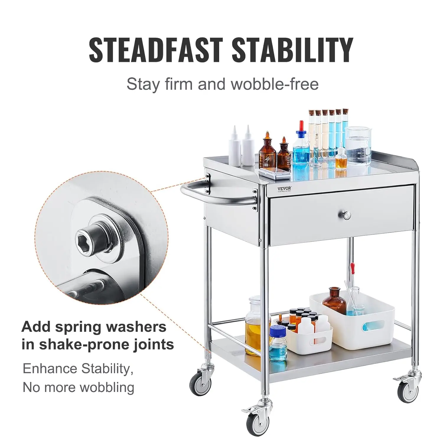 2 Layers Stainless Steel Cart 220 Lbs Weight Capacity, Lab Utility Cart W/ 360° Silent Wheels & A Drawer for Lab,Clinic, Kitchen