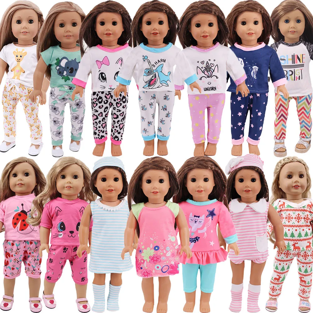 Kawaii Printed Pajamas for 18inch Girls American & 43Cm Baby Reborn Baby Doll Clothes,Our Generation Accessories Bag Socks Gifts