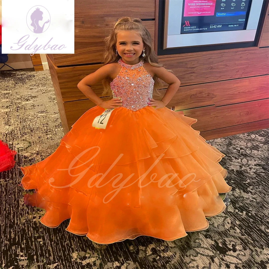 Orange Flower Girl Dress For Wedding Puffy Applique Tulle Beaded Sleeveless Birthday Baby Pageant Princess First Communion Gown