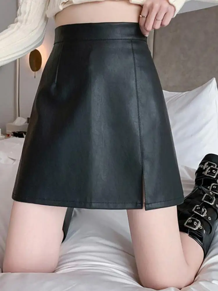 

Women Black Leather Elegant Sexy Club Large Size Short Skirt Spring Autumn Korean Fashion High Waist Versatile Mini Skirt Trendy