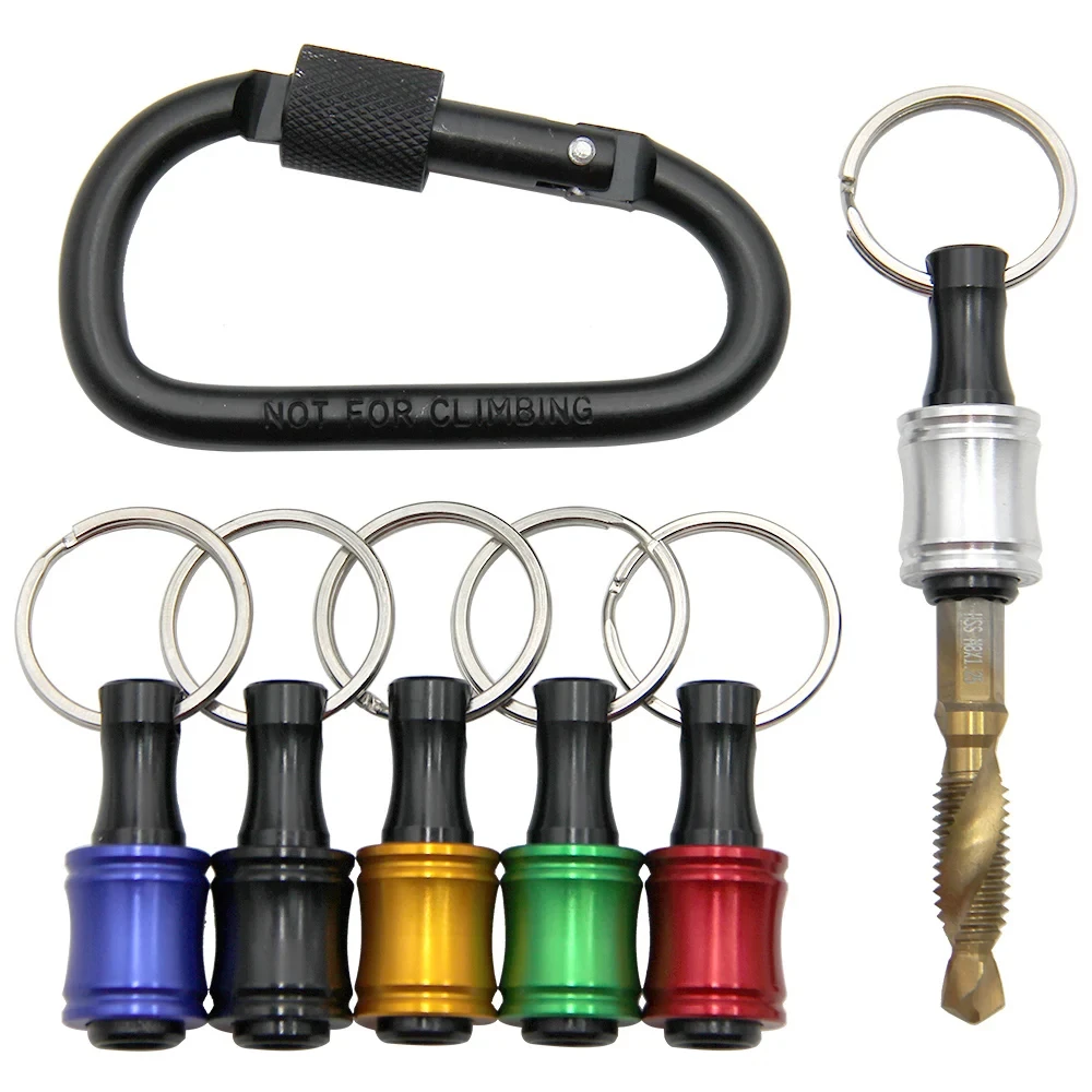 Zestaw narzędzi: szybkozłączka do kluczy, przedłużka z szybką wymianą, uchwyt sześciokątny 1/4 cala, końcówka wkrętaka, szybkozłączka, adapter.