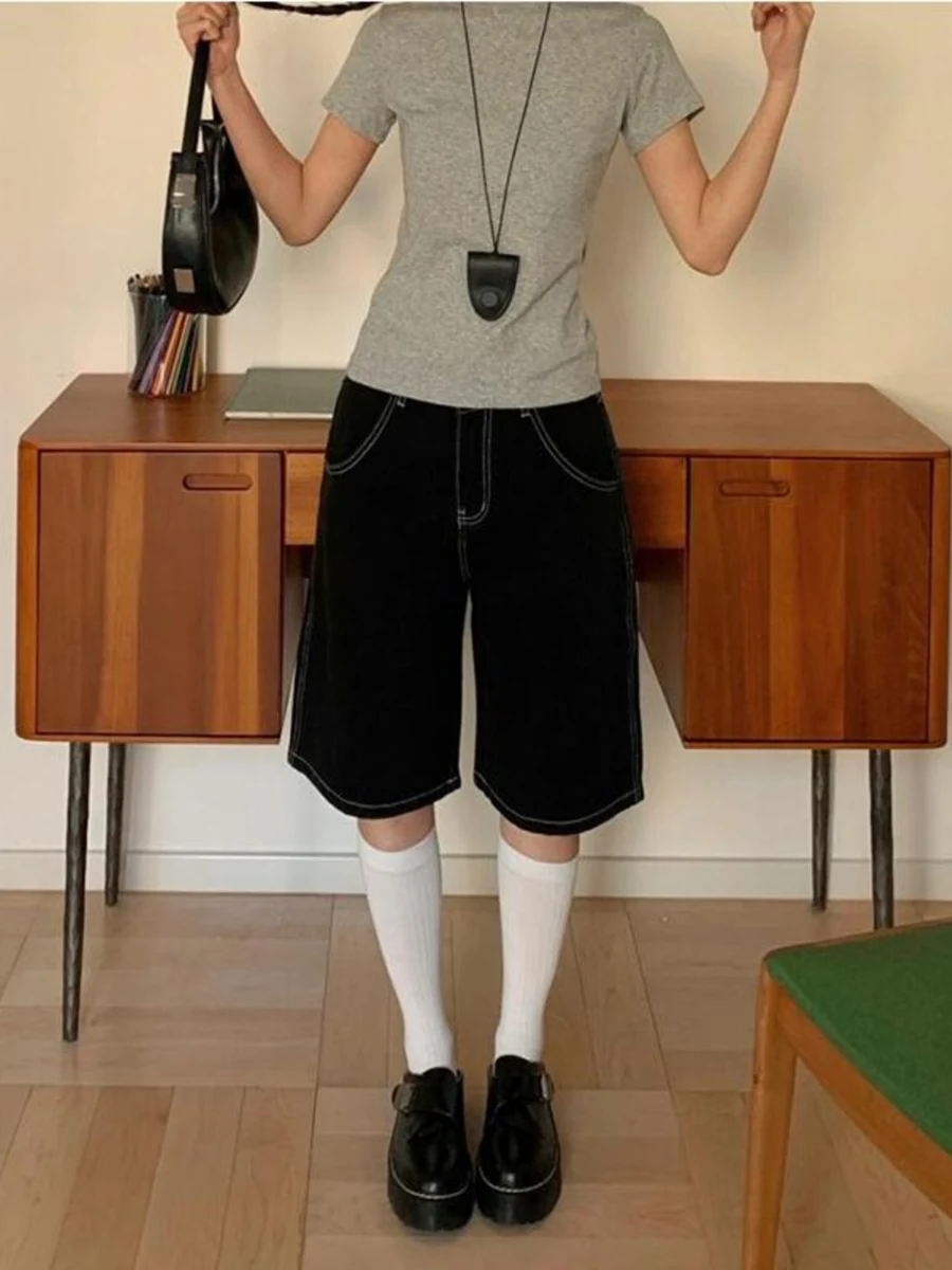 RORORIRI Girl Summer Shorts Plus Size High Waisted Wide Leg Denim Shorts Loose Fit Straight Leg Cropped Pant for Women Black