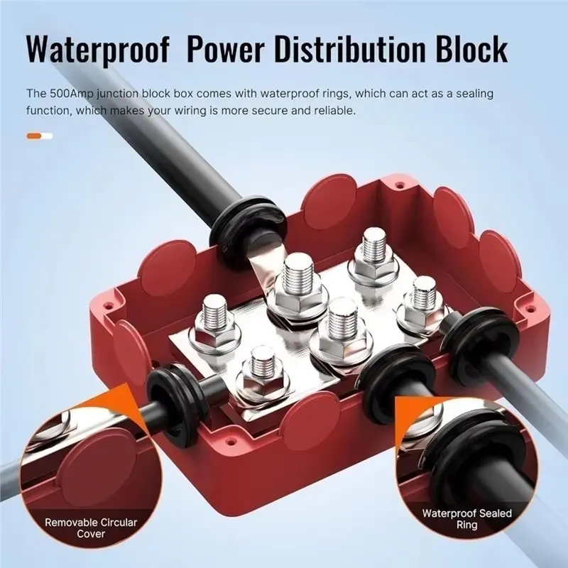 AT02-Heavy-Duty 500A 48V Negative Bus Bar 6-Position Dual-Stud Junction Box RV Solar Marine Boat Power Distributor Red