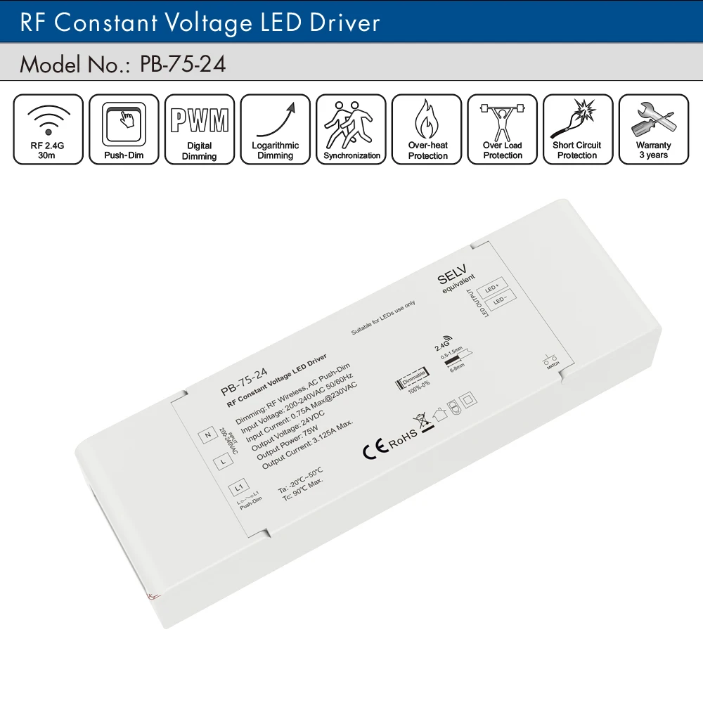 2.4G  RF Wireless Remote Control Dimmable LED Driver 12V 24V 75W AC200V 240V to DC 12V 24V Constant Voltage LED Dimming Driver