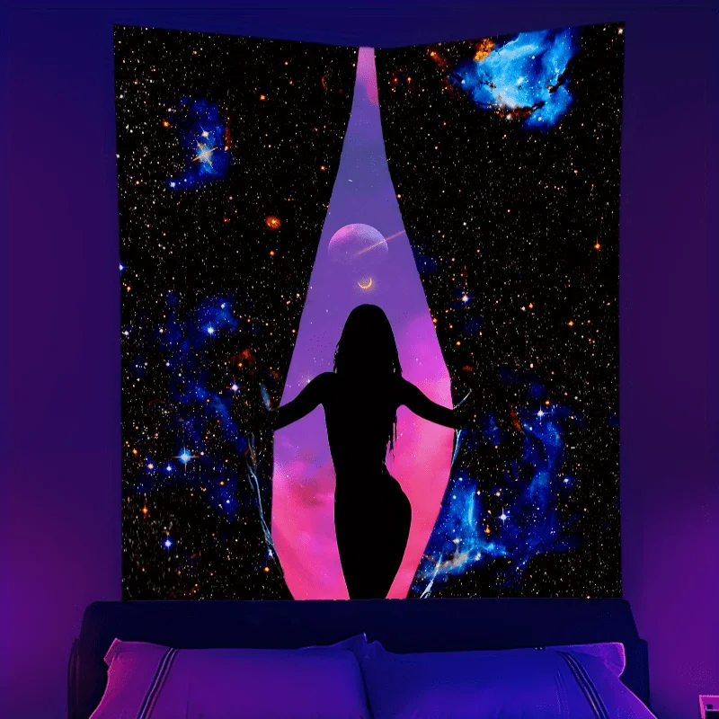 VIKAMA Neon Space Goddess Tapestry Black Light Hippie Style Wall Decoration Bedroom Dormitory Games Room Hanging Cloth