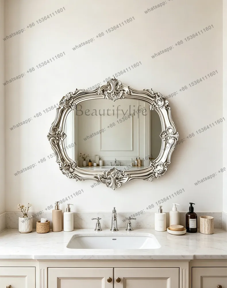 LD European retro bathroom bathroom mirror wall-mounted carved light luxury decorative mirror