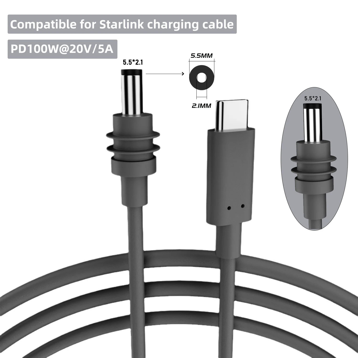 For Starlink Mini Cable 2M(6.6ft) Starlink Mini DC Power Type-C Input Replacement Cable Waterproof Outerdoor Barrel Jack Chargin