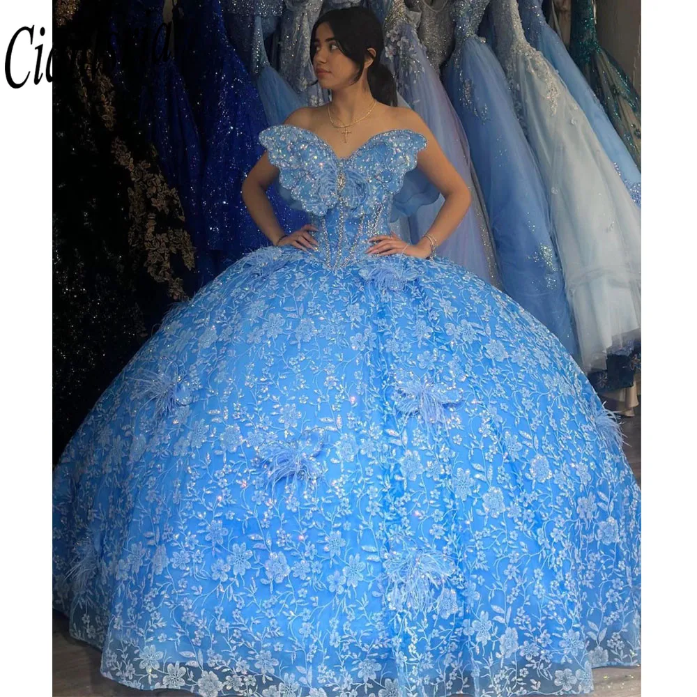 Personalizado céu azul Quinceanera vestidos, vestido de baile para meninas doces, flores 3D, vestido de aniversário para baile, vestidos de xv, anos