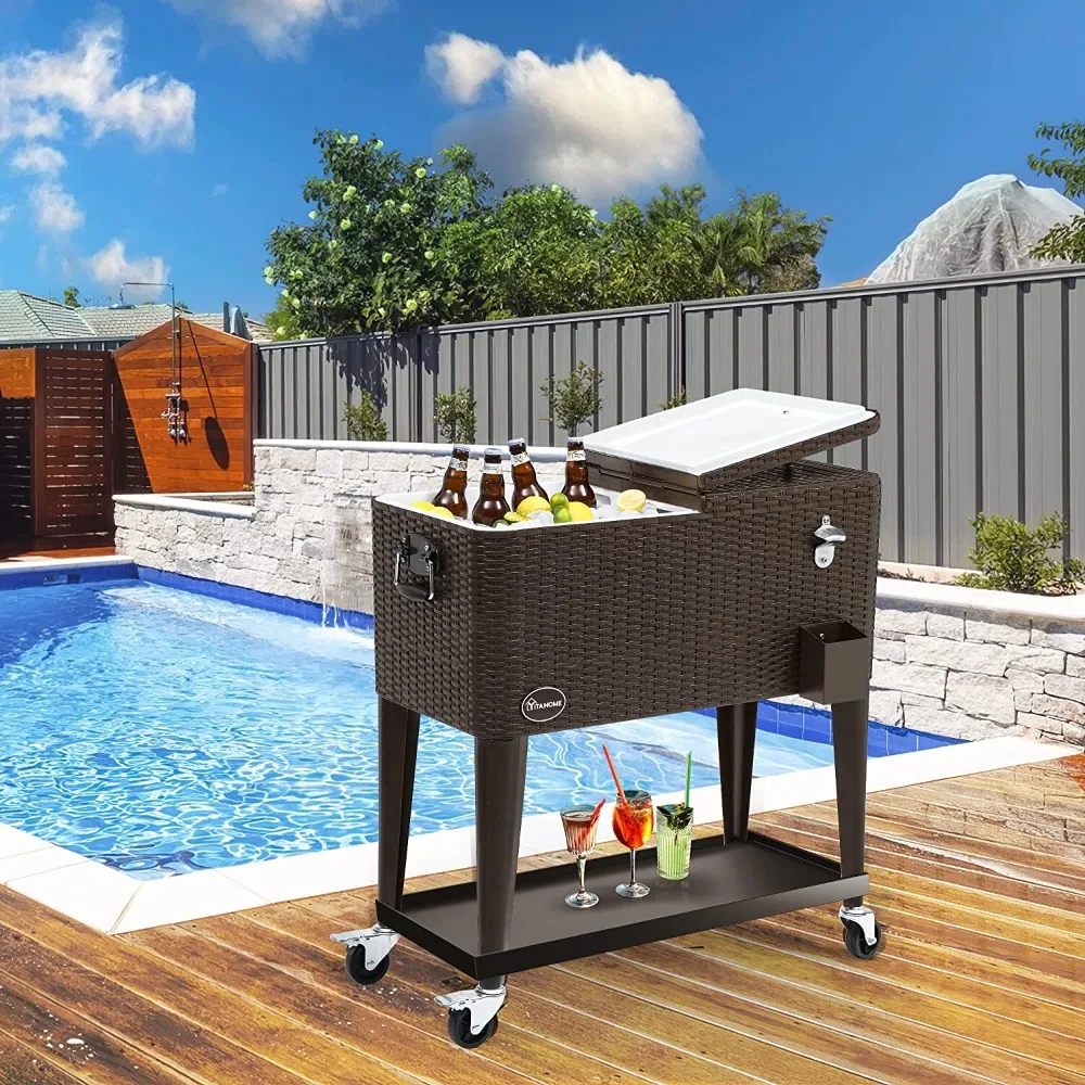 80 Quart Wicker Rolling Cooler Cart with Bottle Opener Drainage Rattan Rolling